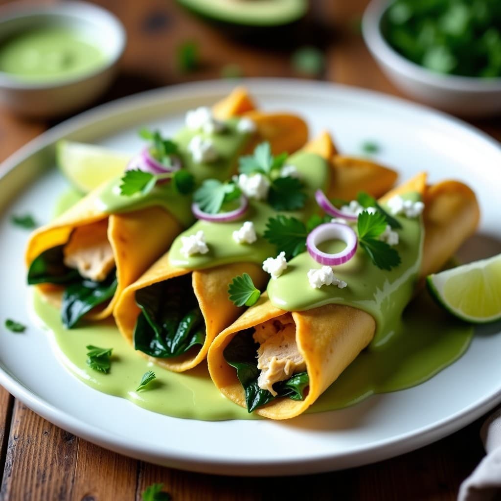 Plato blanco con tacos de flautas de calabacín rellenas de pollo y espinacas, bañadas en mole verde cremoso de pepitas, decoradas con aguacate y cilantro fresco.