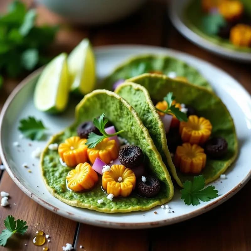 Plato de tacos de flor de calabaza y huitlacoche en masa de espinaca, con color verde intenso en la tortilla y relleno oscuro, decorados con cilantro fresco y rodajas de limón sobre fondo rústico de madera.