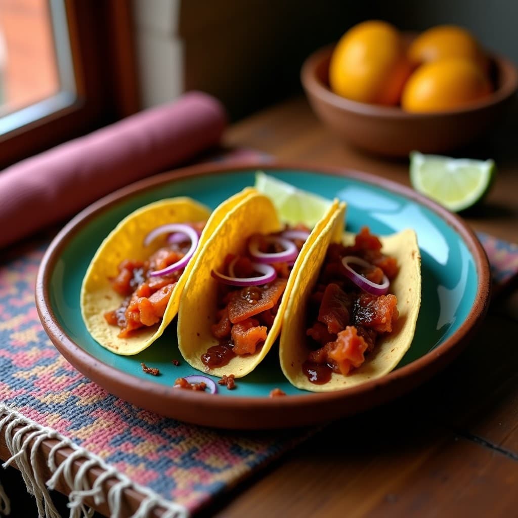 Plato de tacos abiertos de maíz azul rellenos de pétalos naranjas de cempasúchil y chinicuiles dorados, bañados en salsa oscura de chile pasilla, decorados con cebolla morada y limón verde, sobre un mantel de barro rústico.