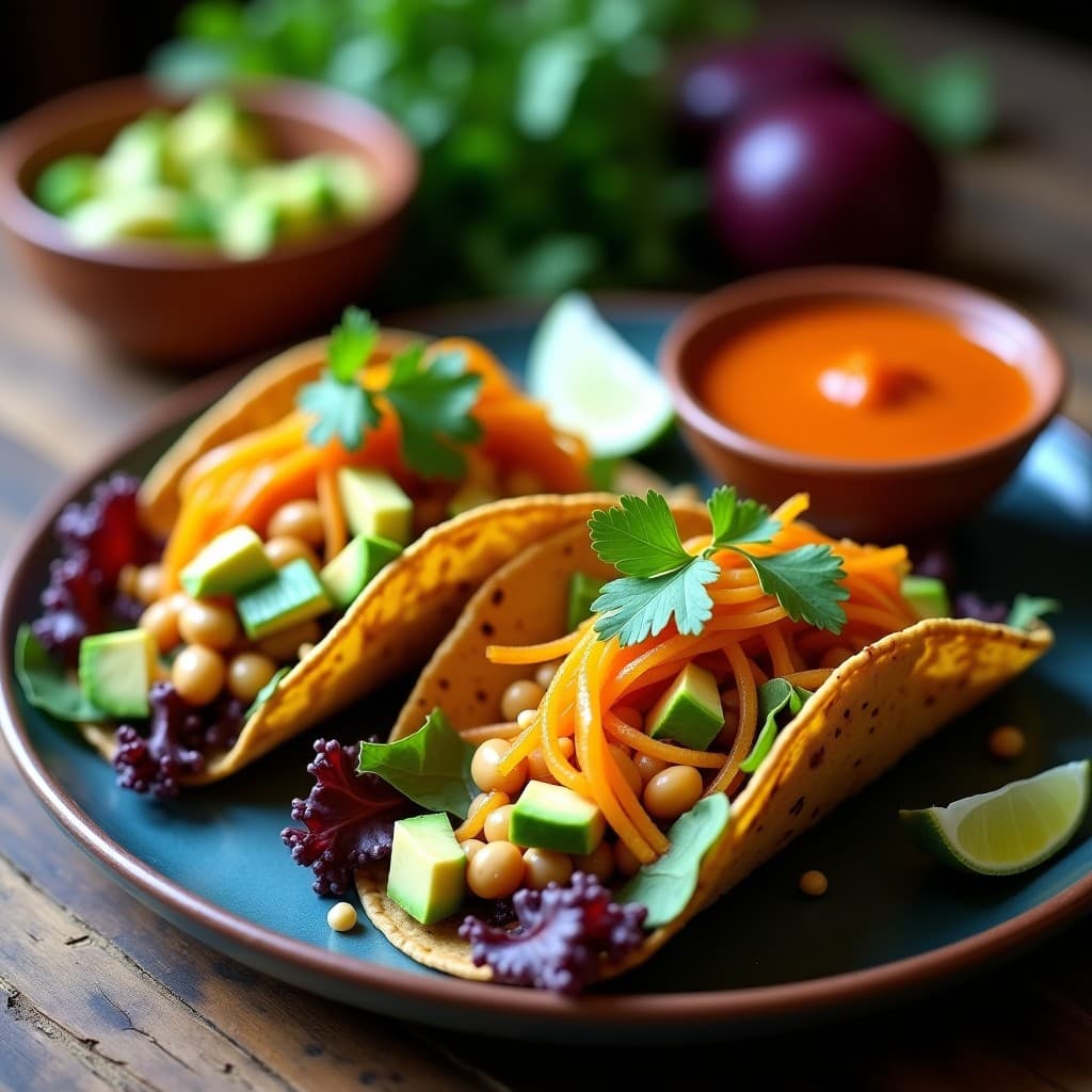 Tacos crudiveganos de flor de jabón (yuca fermentada) sobre tortillas de maíz azul, rellenos de frijoles mung germinados, aguacate y semillas de girasol, acompañados de salsa de tamarillo en un bol pequeño. Plato colorido con tonos morados, verdes y amarillos, típico de la cocina colombiana vegana.