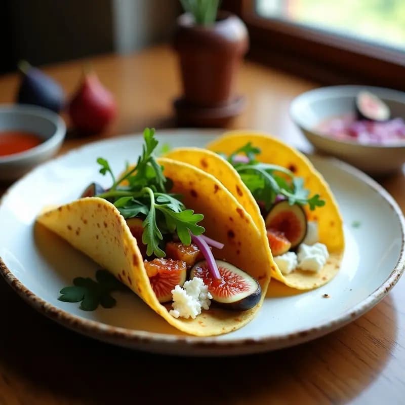 Plato rustico con tacos de maíz crujientes rellenos de queso de cabra desmenuzado, salsa de higuera brillante con trozos de higo, cebolla morada y rúcula fresca. Receta de tacos de Florian con salsa de higuera y queso de cabra.