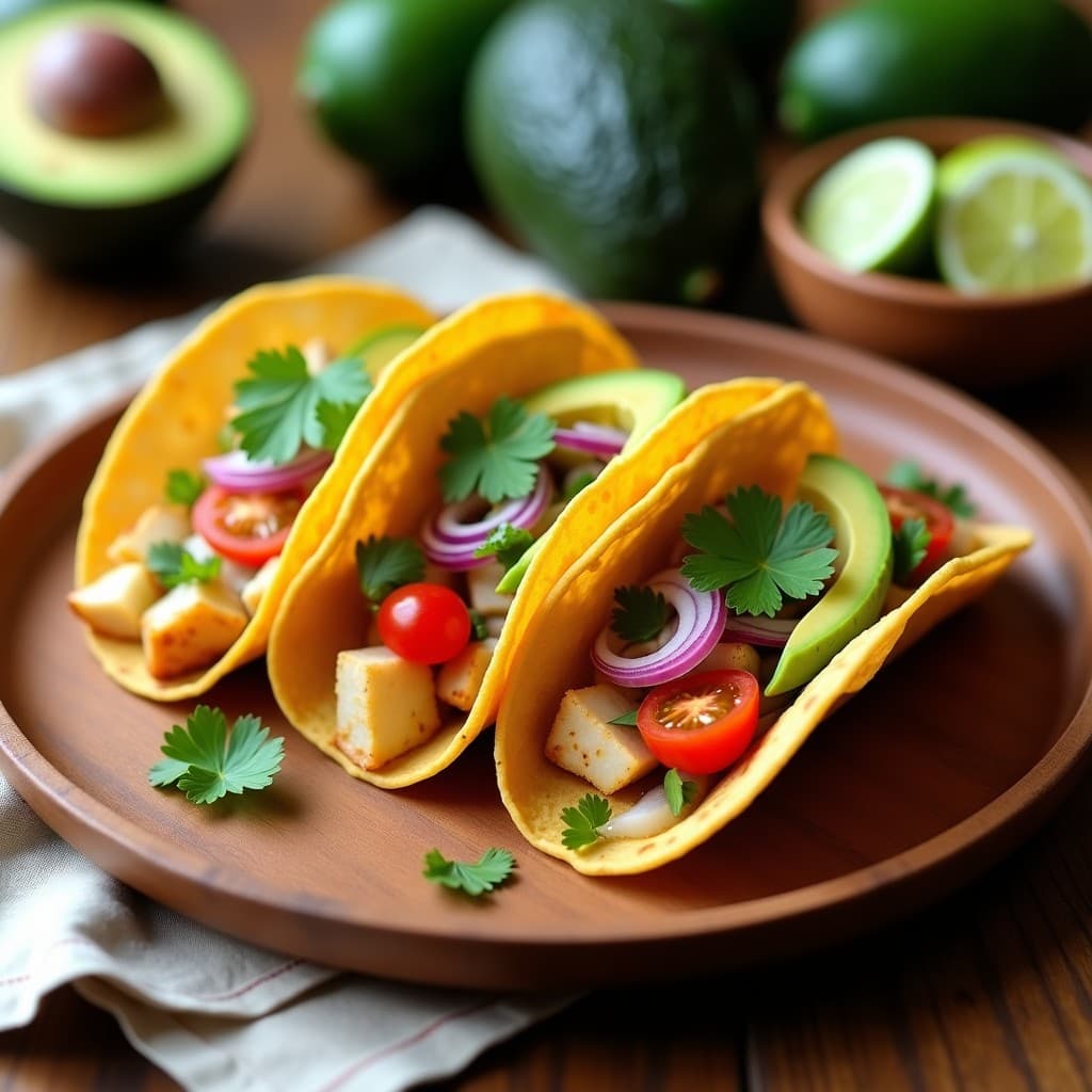 Plato con tacos de Florida crujientes en forma de triángulo dorado, rellenos de ceviche de corvina blanca en cubos, lulo amarillo, cebolla morada y cilantro, sobre hojas de lechuga morada. Decorado con semillas de sésamo y hierbabuena fresca. Fondo rústico de madera con toques de limón verde y ají amarillo.