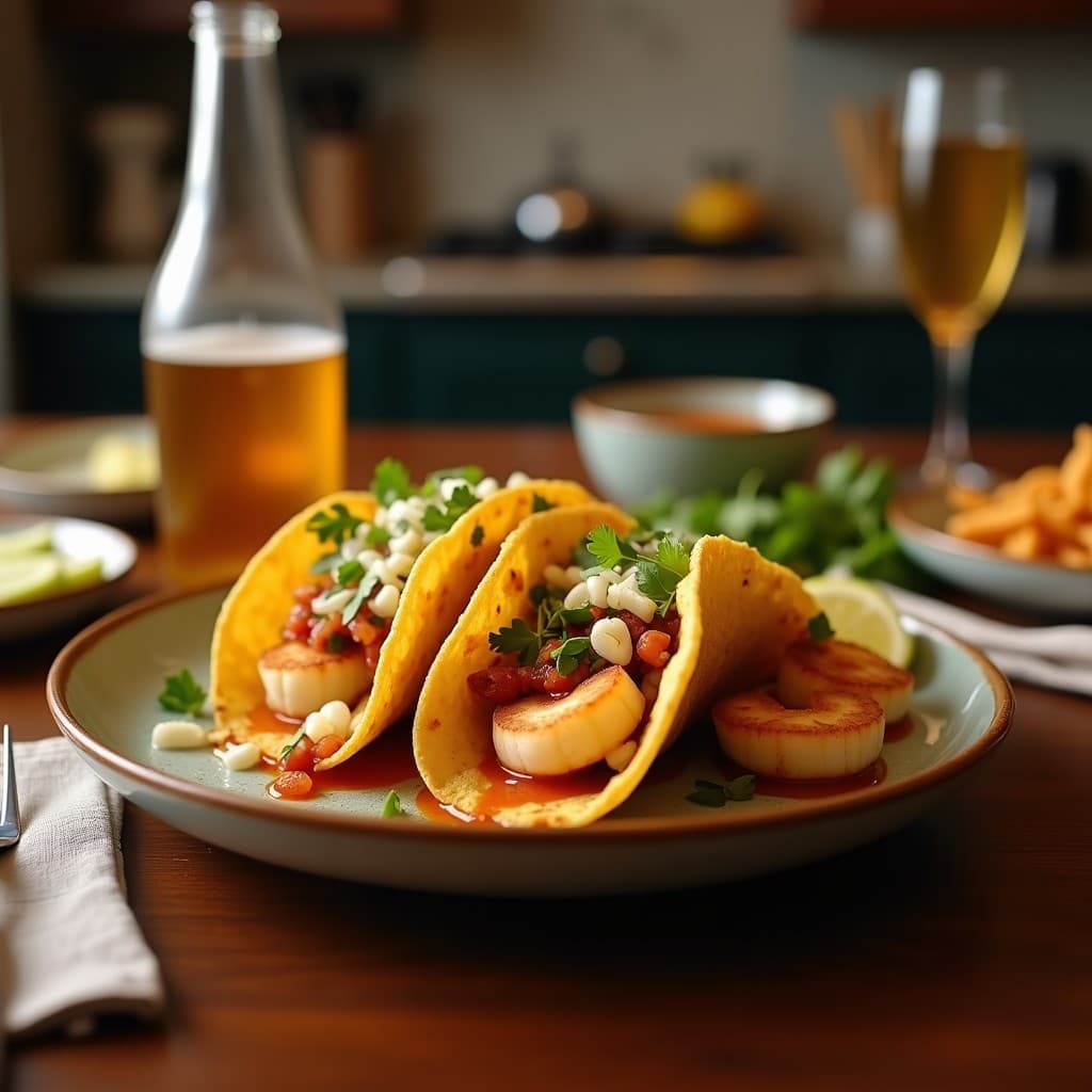 Tacos de camarones al ajillo en airfryer servidos en plato de barro: tortillas de maíz doradas rellenas de camarones crujientes bañados en ajillo, acompañados de lechuga morada, cebolla juliana, crema agria y cilantro fresco. Receta baja en calorías y alta en proteína.