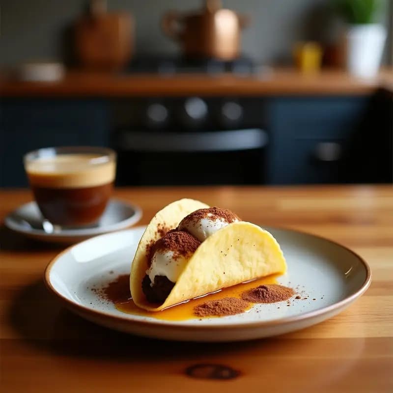 Tacos de helado de café expresso servidos en plato negro, con galleta de chocolate rellena de helado cremoso, crema chantillí, almendras fileteadas y espolvoreado de cacao.