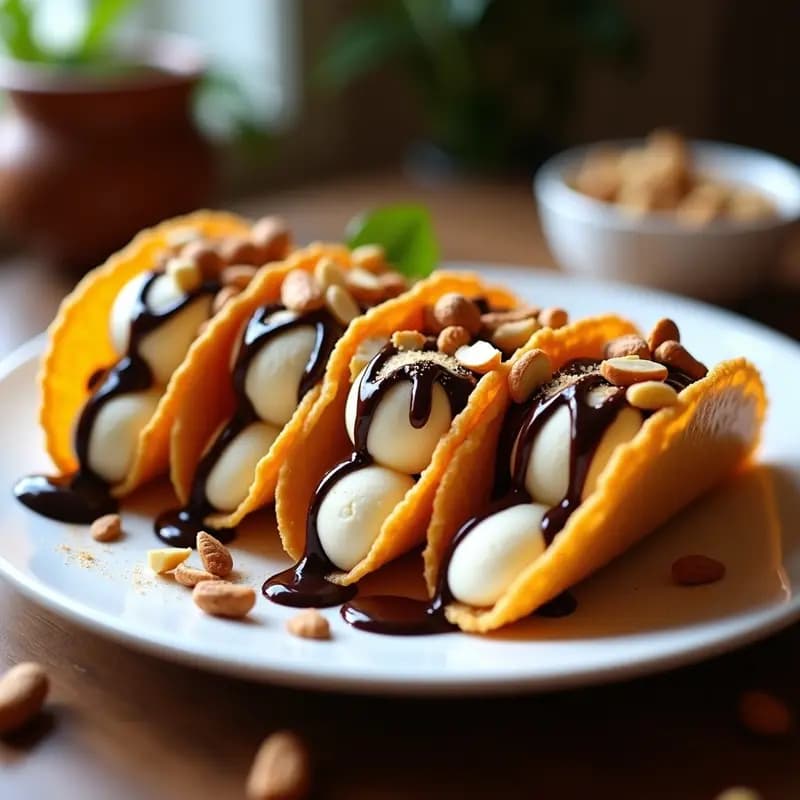 Tacos de Helado: Cono Dorado con Helado de Vainilla, Sirope de Chocolate y Frutos Secos