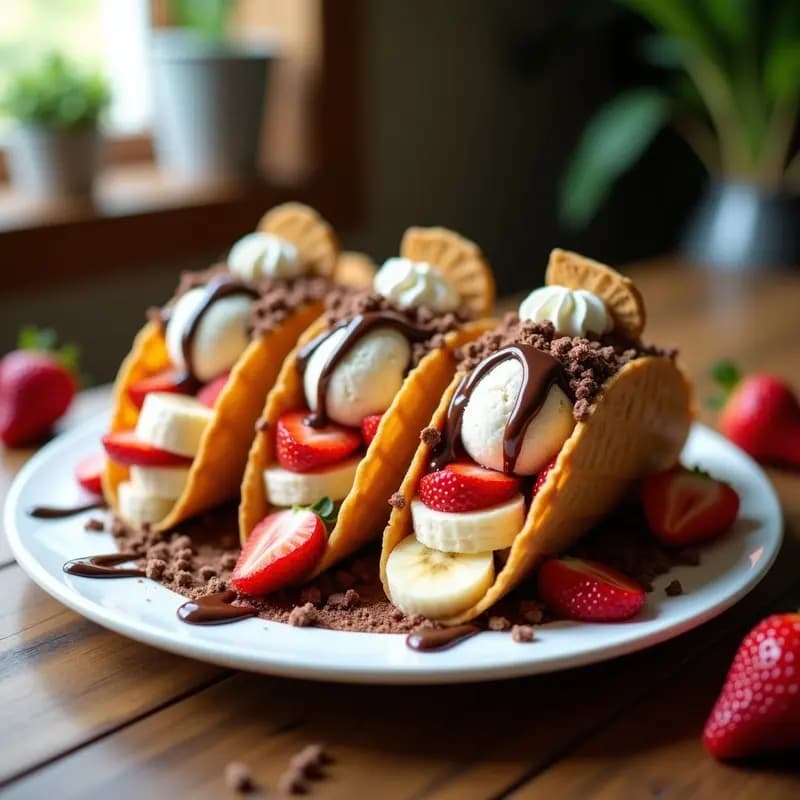 Tacos de Helado con Cono de Galleta y Toppings de Frutas y Salsa de Chocolate: Postre Divertido y Delicioso