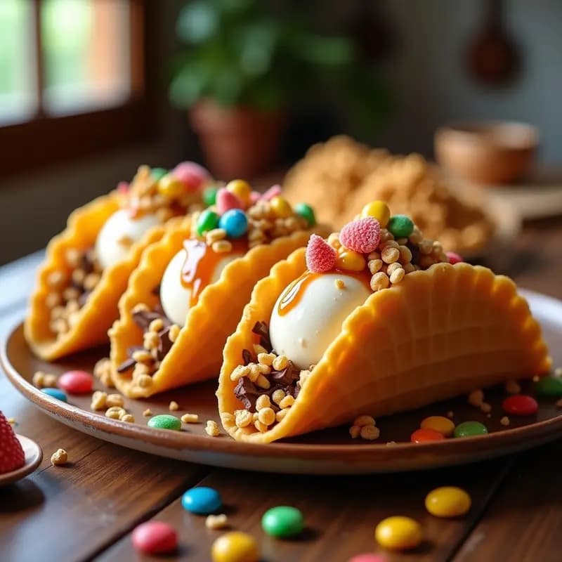 Tacos de helado con cono de gofre dorado y crujiente, rellenos de helado de vainilla cremoso, cereales inflados, salsa de caramelo brillante, virutas de chocolate negro y gominolas de colores. Presentación abierta en forma de taco sobre una mesa de madera con toppings al lado para decorar, estilo postre viral de Instagram.