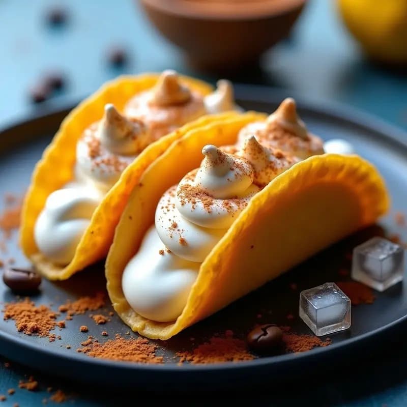 Tacos de hielo de café y leche merengada en forma de U, con bordes dorados y rellenos de una crema esponjosa blanca. Decorados con canela en polvo y hilos de miel sobre un plato negro. Fondo borroso con hielo y granos de café.