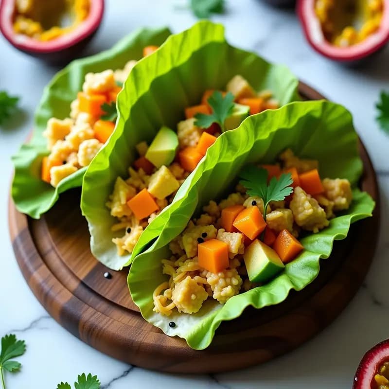 Tacos de hoja de lechuga iceberg rellenos de ceviche de jackfruit desmenuzado, aguacate en cubos y bañados con salsa de maracuyá amarilla. Decorados con semillas de sésamo y cilantro fresco sobre fondo blanco.