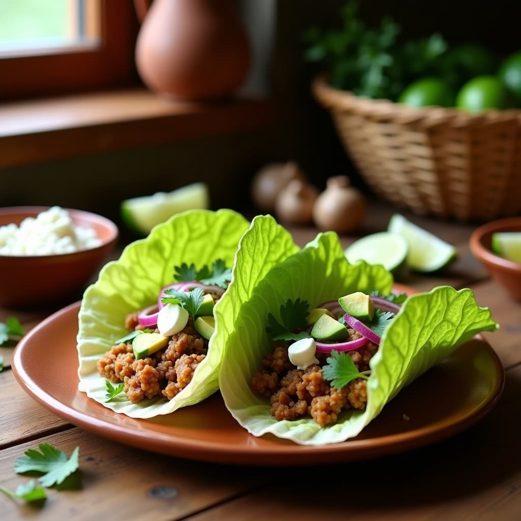 Tacos crudiveganos mexicanos con hojas de lechuga romana rellenas de picadillo de hongos ostra marinados en especias, queso cremoso de caju, aguacate y tomate, servidos en un plato de barro rústico con fondo de mesa de madera.