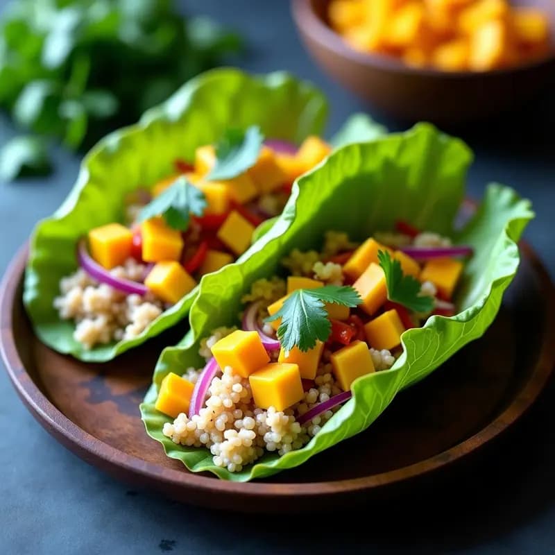 Tacos de hoja de lechuga romana rellenos de quinoa blanca, mango naranja en cubos, cebolla morada y pimiento rojo, bañados en vinagreta de tamarindo. Decorados con cilantro fresco y anacardos tostados sobre un plato de madera oscuro con fondo borroso.