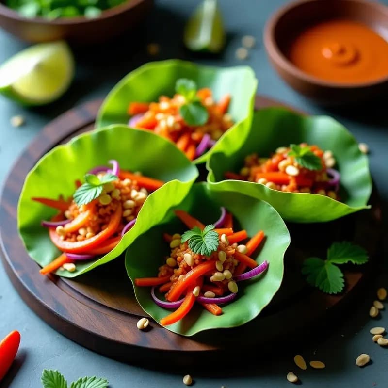 Tacos crudiveganos servidos en hojas de loto verdes, rellenos de jackfruit desmenuzado marinado, zanahoria en juliana, cebolla morada, pimiento rojo y cilantro fresco. Decorados con cacahuetes triturados y salsa de tamarindo brillante, presentados en una tabla de madera rústica con fondo borroso.