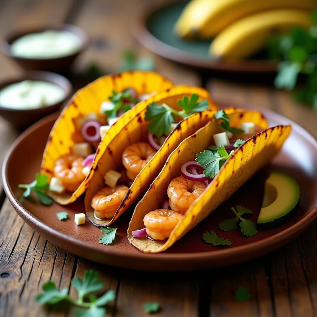 Tacos de hoja de plátano dorados y crujientes rellenos de camarones al AjíLLimo, servidos en un plato de barro con aguacate en cubos y salsa de yogur. Receta ecuatoriana en airfryer con aroma a hoja de plátano tostada.
