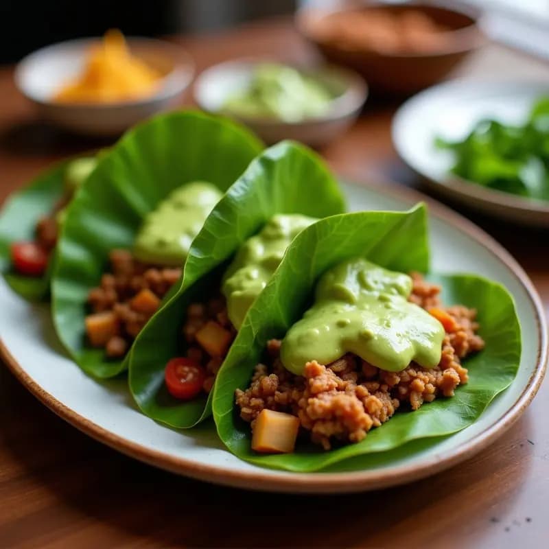 Tacos de hoja de plátano dorados y crujientes rellenos de carne de res jugosa, acompañados de salsa de guacamole cremosa y cilantro fresco, receta colombiana en airfryer.