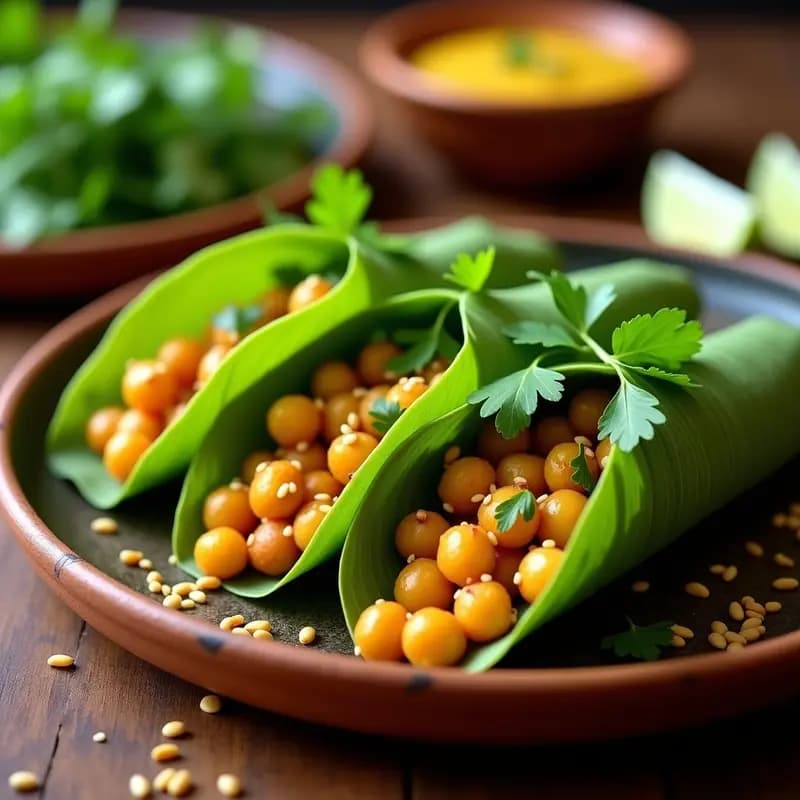 Tacos de hoja de plátano verde abiertos mostrando garbanzos dorados y crujientes bañados en mole amarillo cremoso, decorados con semillas de sésamo y cilantro fresco. Plato rústico de barro con rodajas de limón al lado, receta oaxaqueña sin maíz viral para redes sociales.