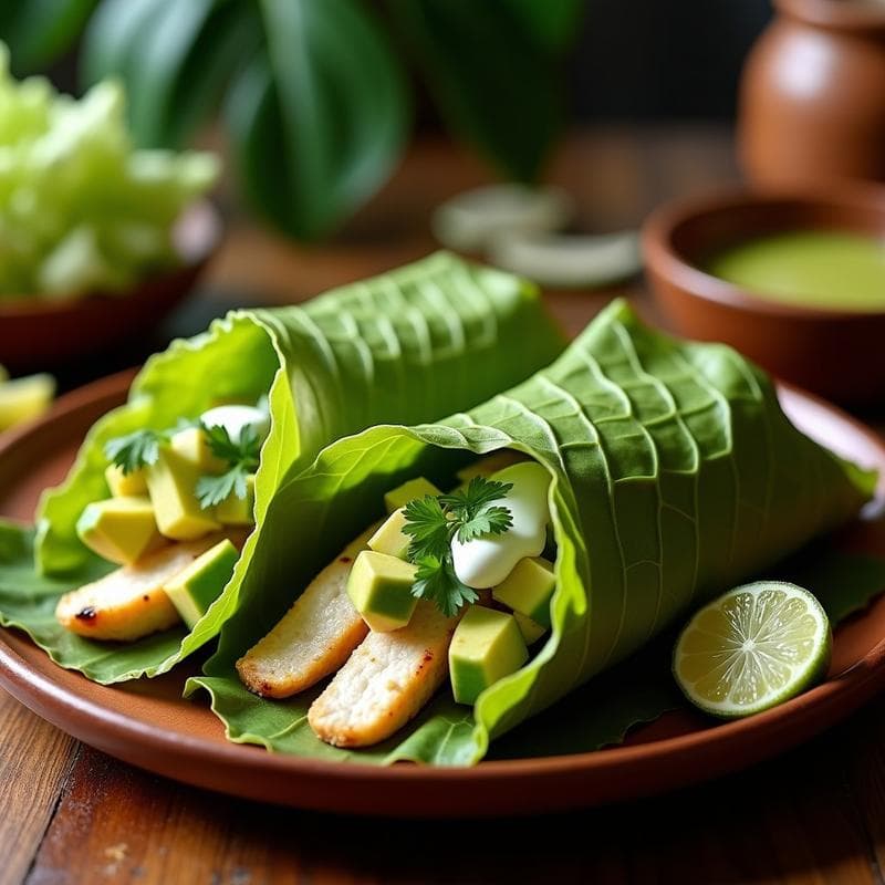 Tacos de hoja de plátano abiertos mostrando filetes de merluza al ají verde, aguacate, crema agria y lechuga, servidos en un plato rústico de barro con salsa de ají verde al lado.