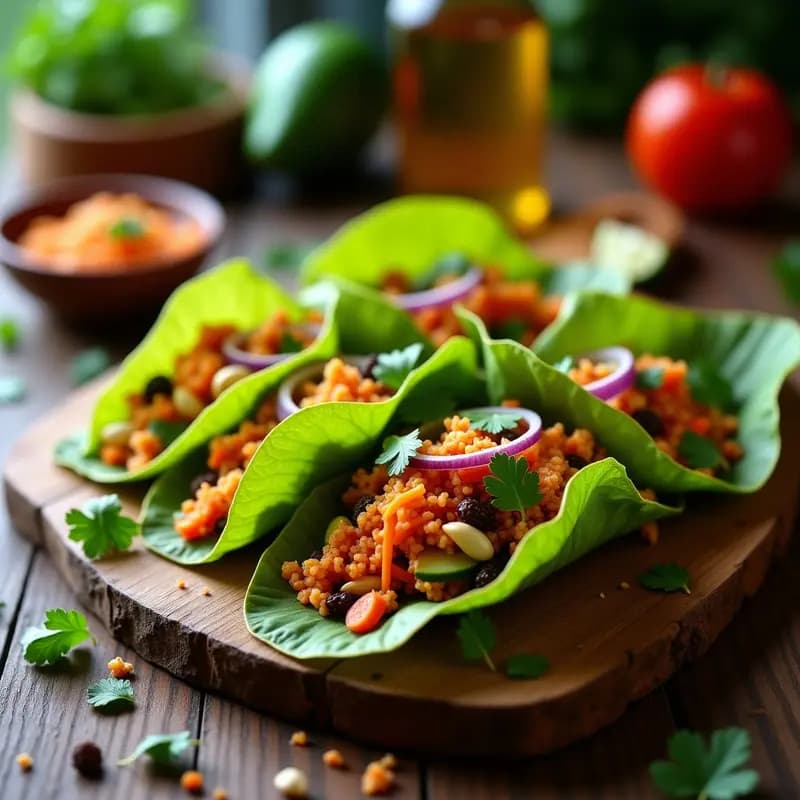 Tacos de hoja de plátano abiertos mostrando relleno colorido de quinoa, zanahoria, pimiento rojo y aguacate con salsa de curry amarillo, decorados con semillas de sésamo y anacardos, servidos en una tabla de madera rústica con limones y cilantro fresco. Receta vegana sin cocción.