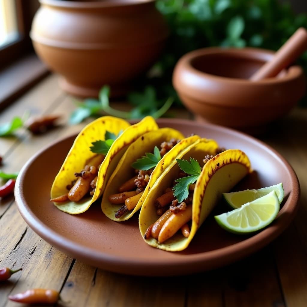 Tacos de hoja de plátano abiertos mostrando un relleno dorado de gusanos de maguey y chapulines con especias, servidos sobre un plato de barro rústico con decoración de epazote fresco y rodajas de limón verde, receta prehispánica alta en proteína.