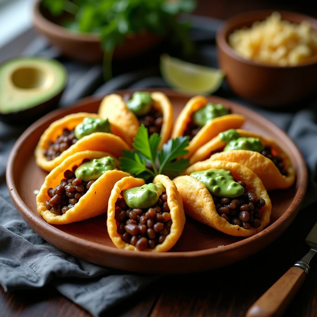 Tacos dorados de hojaldre de yuca rellenos de picadillo de lentejas vegano, servidos en un plato de madera con salsa de aguacate y hojas de cilantro, receta colombiana crujiente.