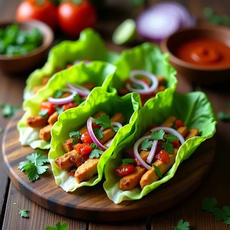 Tacos de hojas de lechuga romana rellenos de pollo al chipotle, cebolla morada, aguacate y cilantro, presentados en tabla de madera con rodajas de limón. Receta mexicana sin carbohidratos, keto y viral.