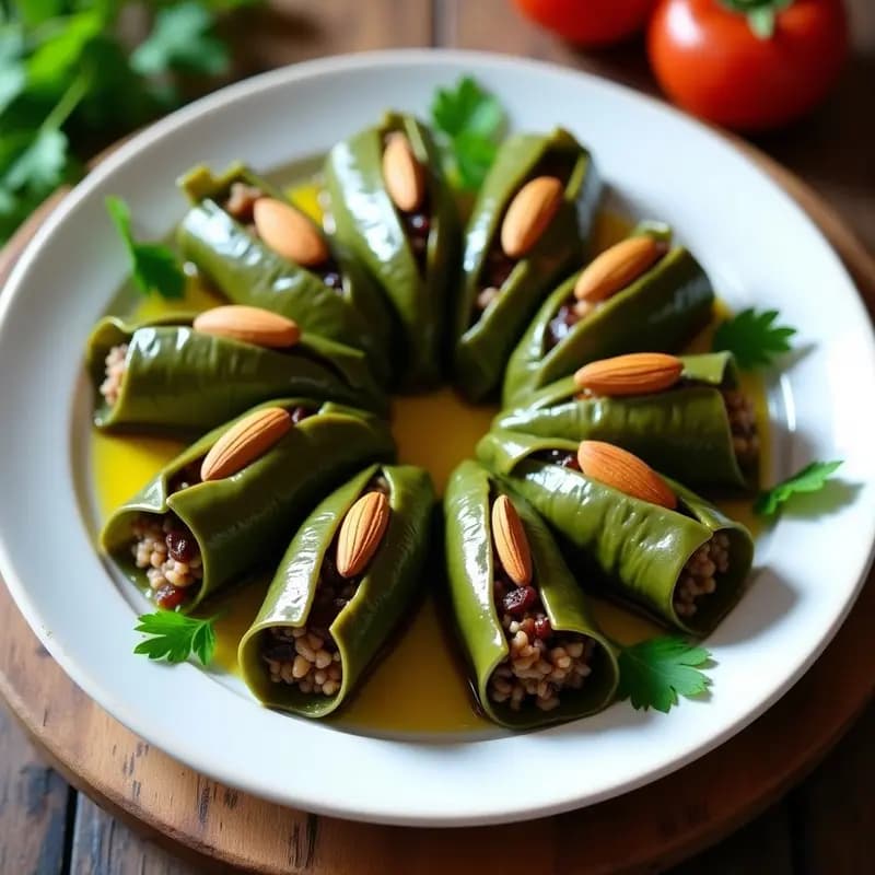 Plato blanco de cerámica con tacos de hojas de parra rellenos de arroz salvaje y champiñones, decorados con perejil fresco y piñones tostados, servidos con rodajas de limón y un chorrito de aceite de oliva. Receta armenio-vegana lista para viralizar en redes sociales.