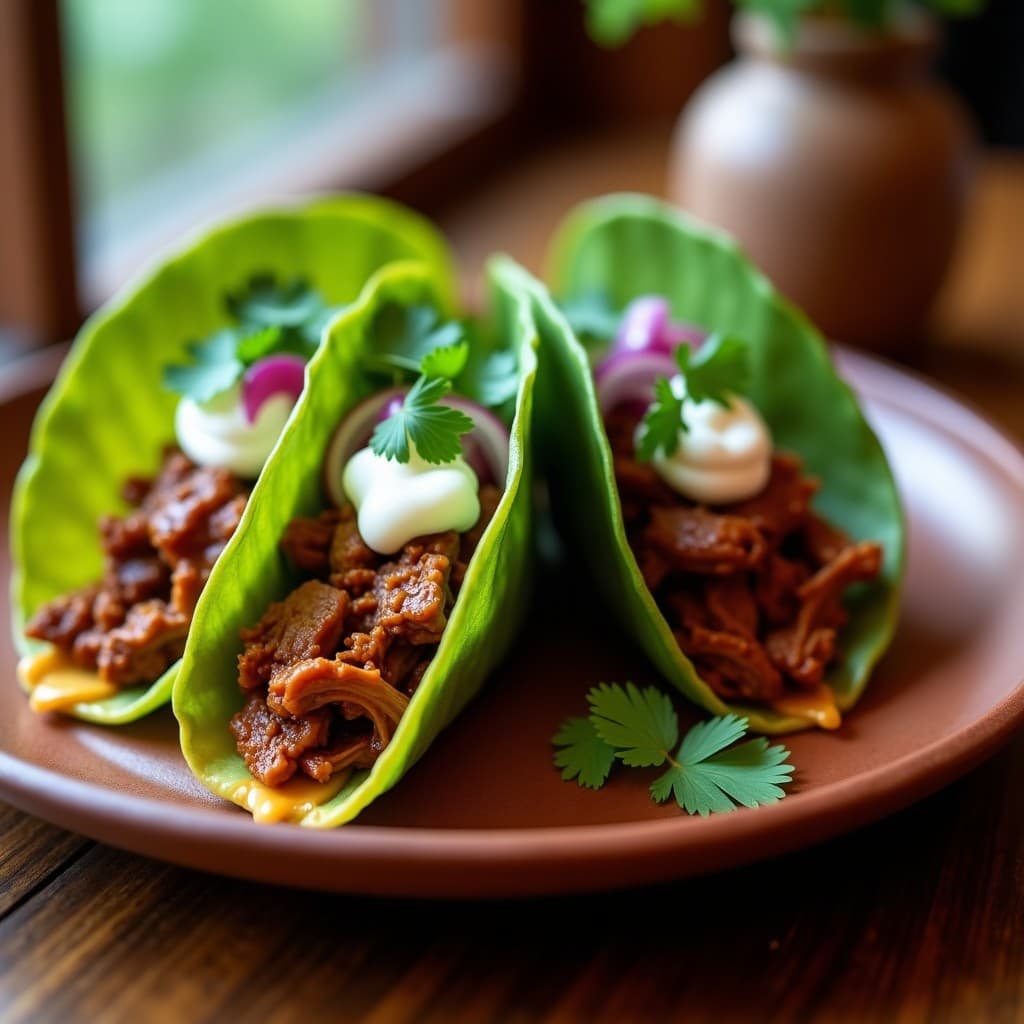 Tacos de hojas de plátano doradas rellenos de carne de res al chipotle y puré de yuca cremoso, decorados con cebolla morada y cilantro fresco, servidos en plato rústico de barro.