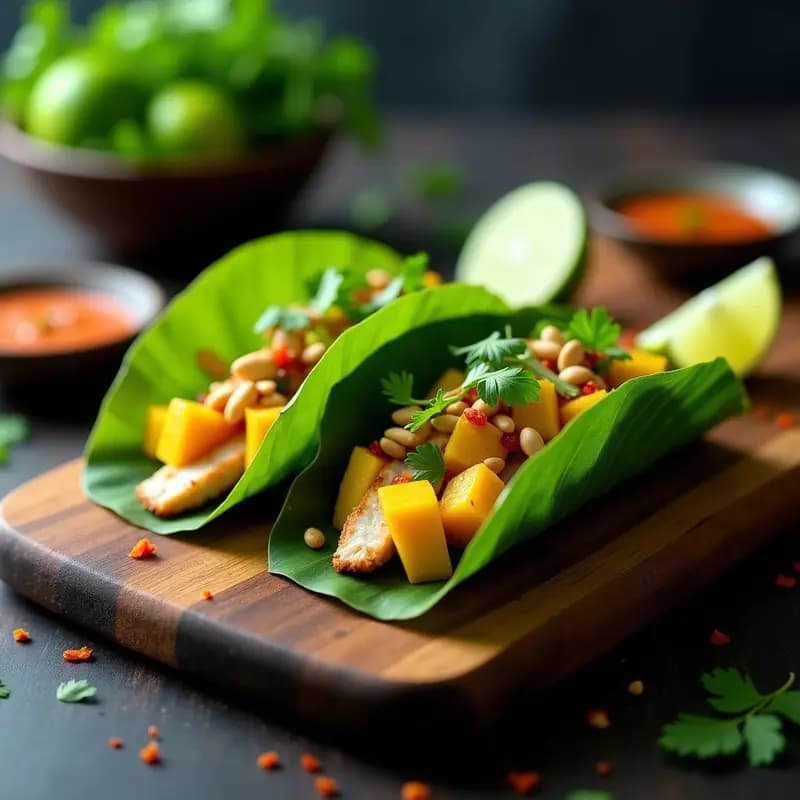 Tacos de hojas de plátano verdes con filetes de pescado al ajillo dorado, cubos de mango amarillo, cacahuetes picados y cilantro fresco, servidos en una bandeja de madera rústica. Receta tailandesa-mexicana viral.