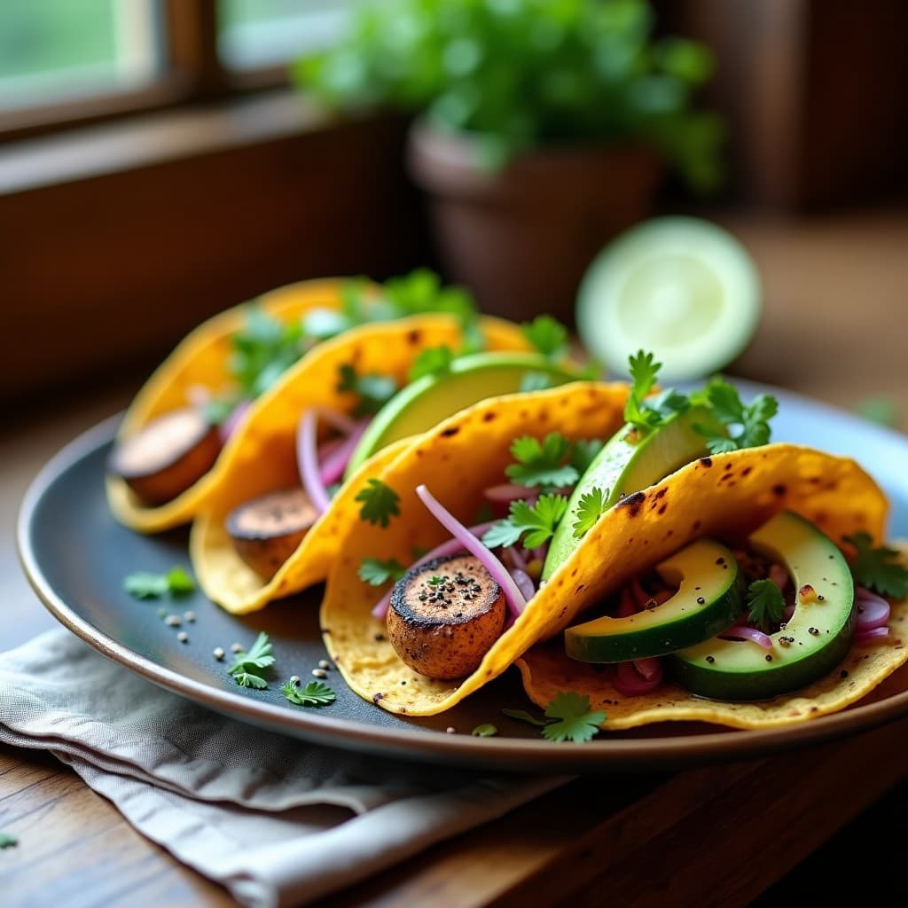 Plato de tacos veganos con láminas doradas de hongo Reishi crujiente, ceviche de calabacín verde marinado en lima, aguacate en rodajas y salsa de chile de árbol, servidos en tortillas de maíz azul sobre un mantel rústico de tela.