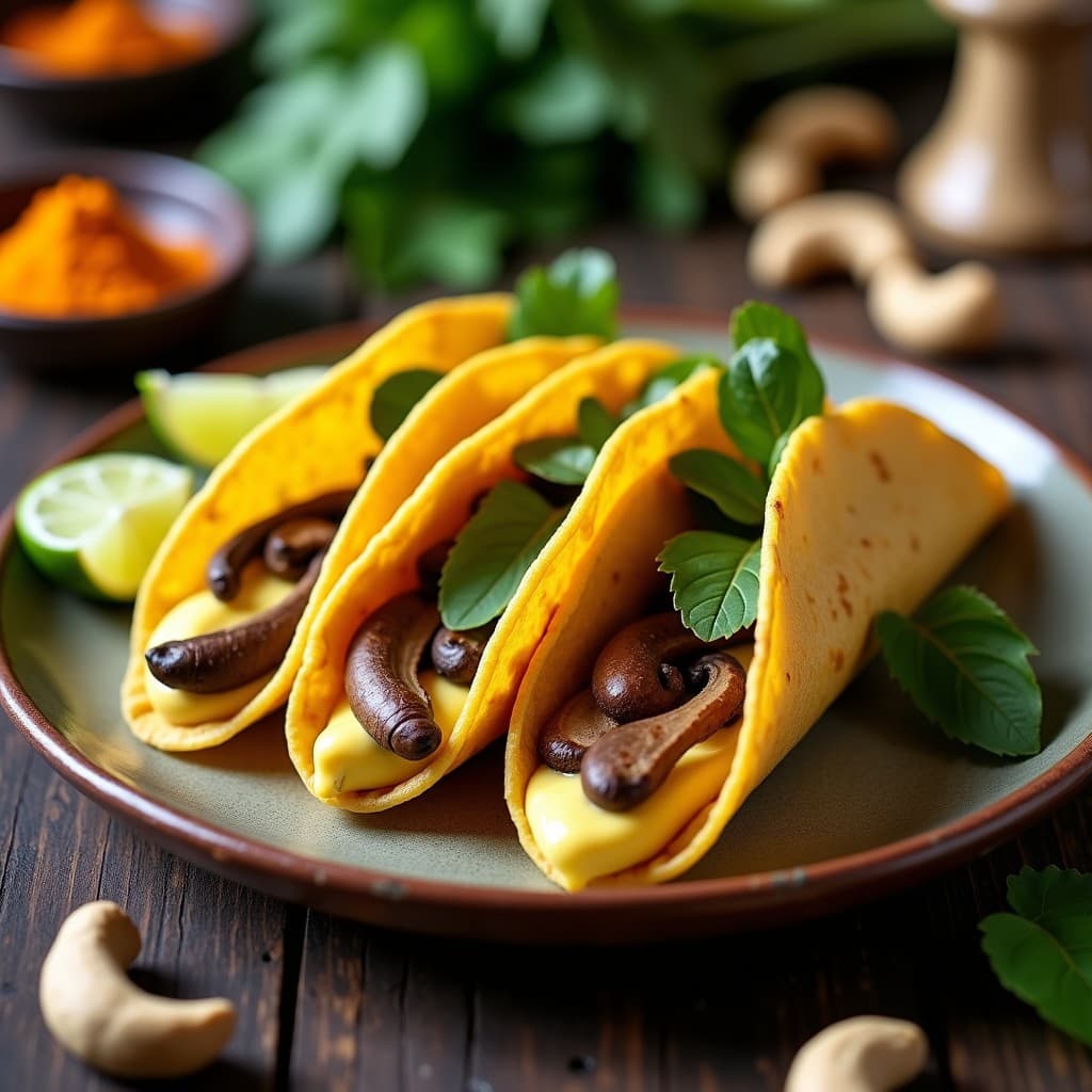Plato con tacos de hongo reishi dorado y queso de anacardos cremoso sobre tortillas de maíz azul, decorados con cilantro fresco y semillas de sésamo, servidos en un mantel rústico de madera.