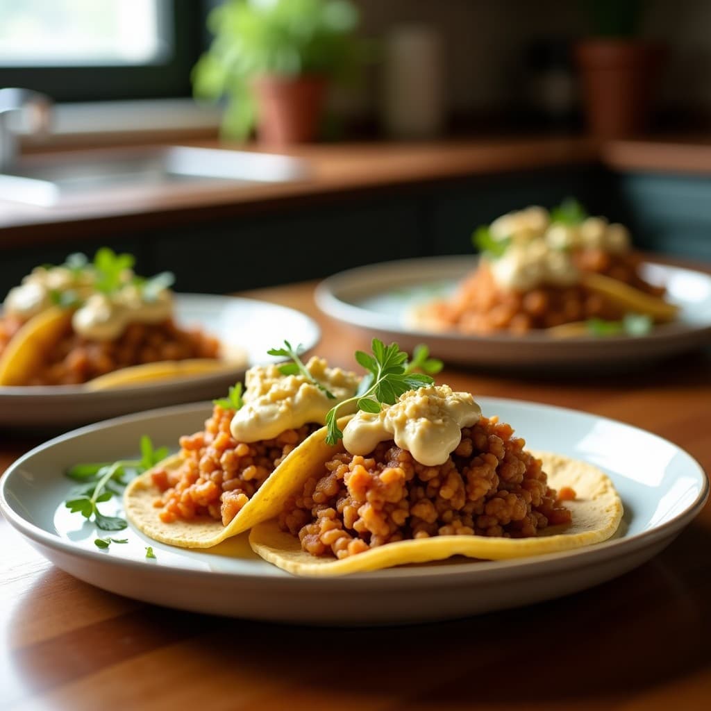 Tacos de hongos Lion’s Mane dorados y queso vegano de cashew cremoso en tortillas de maíz azul, decorados con hoja santa, aguacate y cilantro fresco sobre un plato de barro rústico.