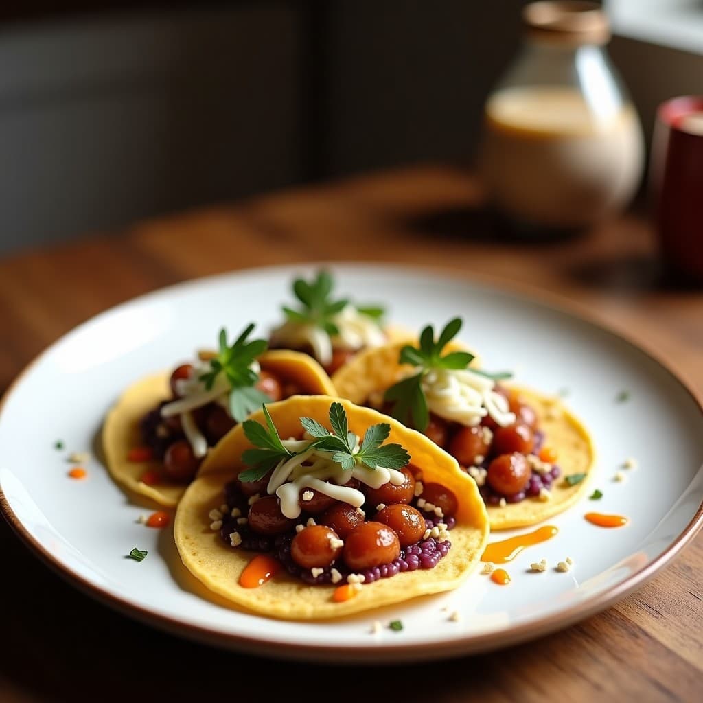 Tacos abiertos de maíz azul con hongos ostra dorados, col morada fermentada vibrante, aderezo cremoso de tahini, cebolla morada en juliana y semillas de sésamo negro, presentados en un plato de barro con fondos de cocina rústica.