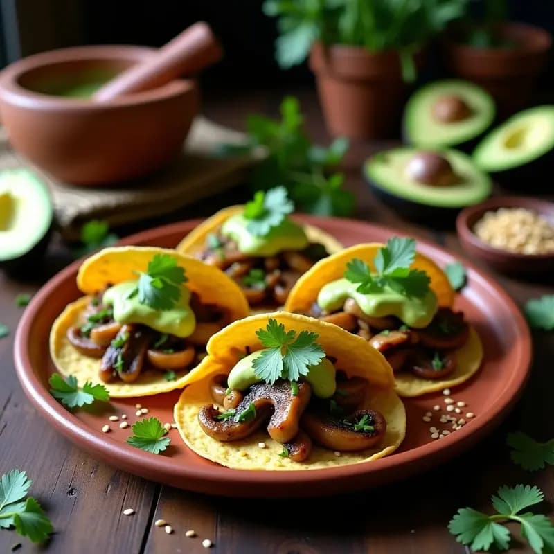 Plato de tacos veganos y keto con relleno de hongos ostra desmenuzados y rajas de chile poblano asado, sobre tortillas doradas de harina de almendra. Acompañados de aderezo cremoso de aguacate, hojas de lechuga romana y cilantro fresco, servidos en un plato de barro rústico con fondo de madera oscura.