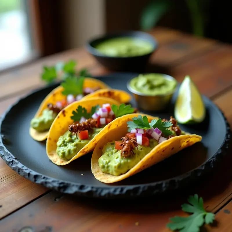 Plato de tacos de hormiga culona con guacamole de aguacate negro, decorados con cilantro fresco y servidos en tortillas de maíz tostadas, receta colombiana gourmet en airfryer.