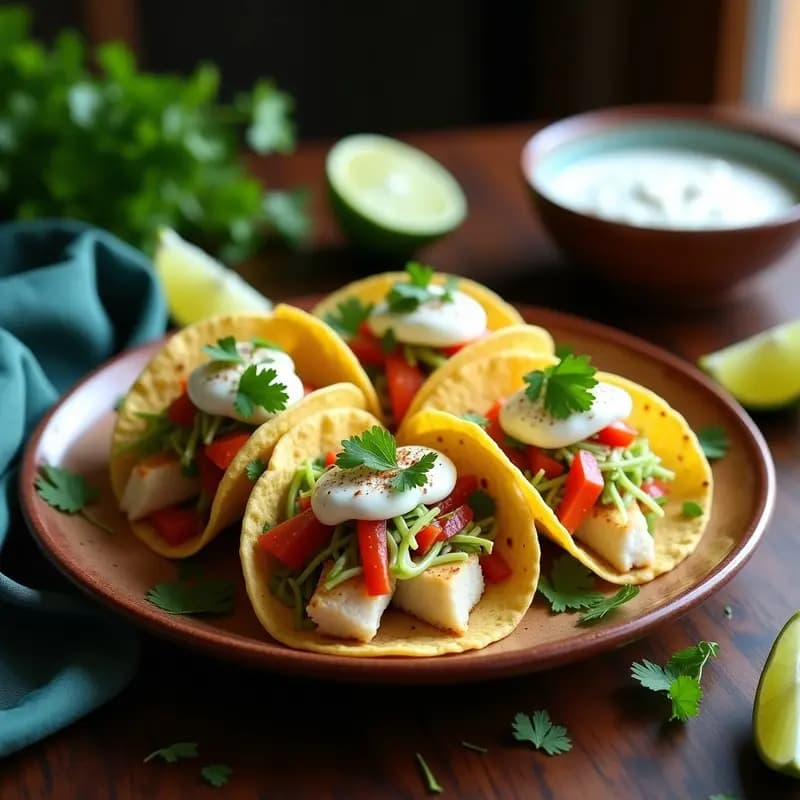Tacos horneados de pescado al baho en plato de barro, con filetes de merluza desmenuzados, repollo morado, cebolla y pimiento rojo, decorados con cilantro fresco y yogur griego.
