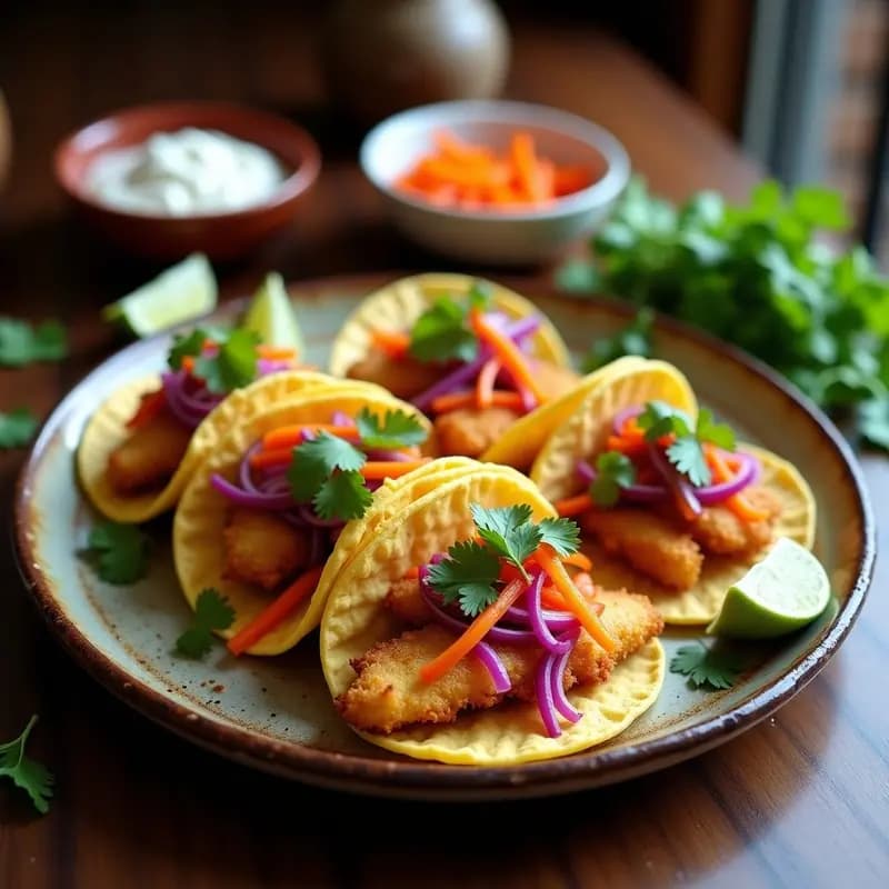 Tacos de maíz rellenos de pescado blanco horneado con rebozado dorado, encurtidos de cebolla morada y zanahoria, cilantro fresco y crema agria, servidos en plato rústico de barro.