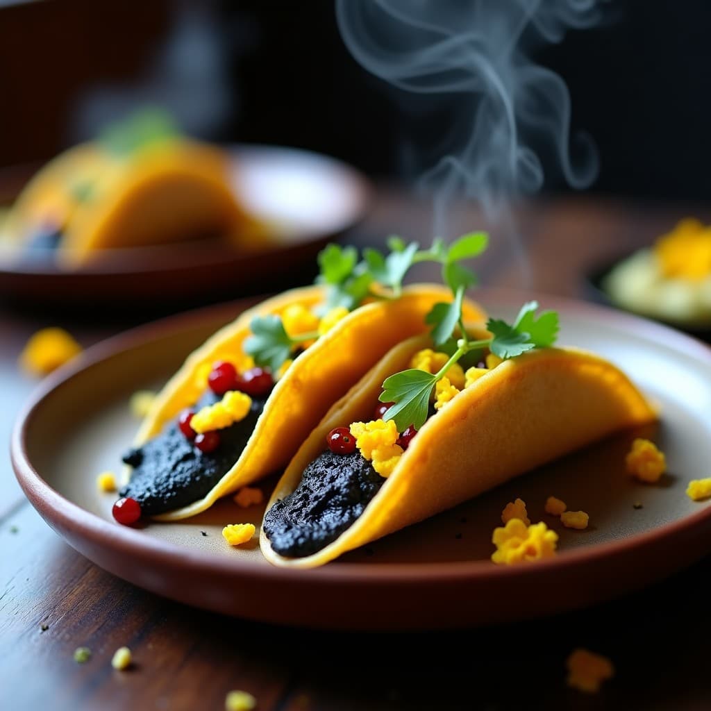 Tacos de masa azul rellenos de huitlacoche cremoso y pétalos de flor de cempasúchil dorados, decorados con microgreens y salsa de chile pasilla, servidos en plato de barro sobre fondo rústico.