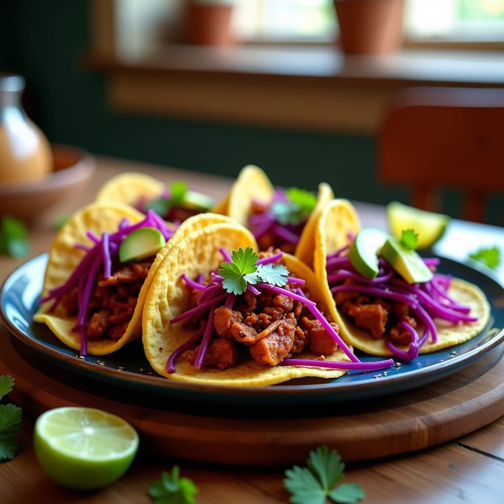 Tacos de maíz azules rellenos de jackfruit desmenuzado dorado con adobo chipotle, repollo morado encurtido crujiente y cilantro fresco, servidos en plato de barro con semillas de sésamo.