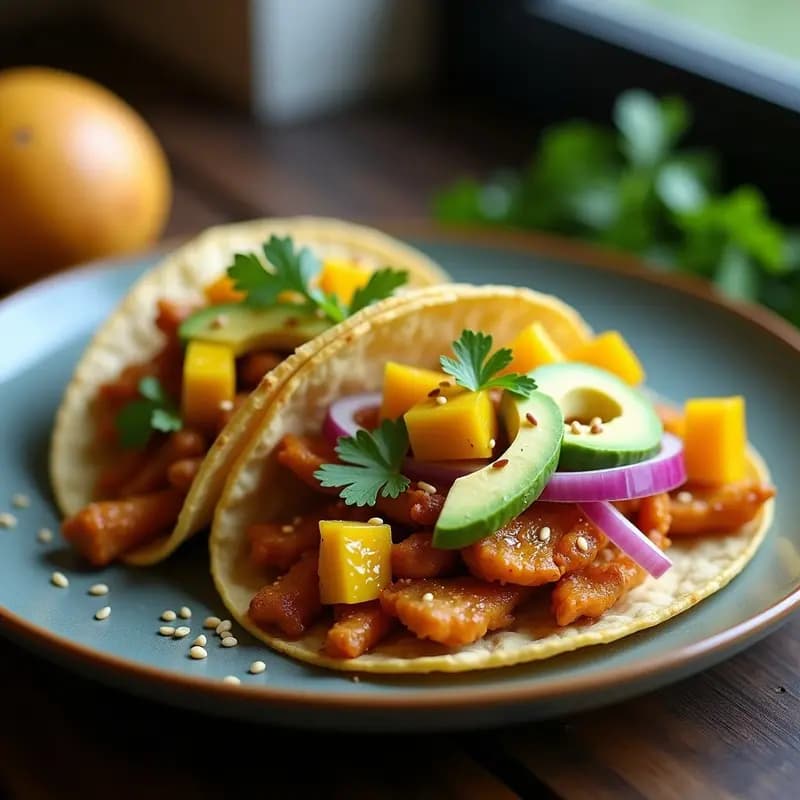 Tacos veganos japoneses con jackfruit desmenuzado al miso y mango, servidos en tortillas de maíz doradas con aguacate, cebolla morada y semillas de sésamo. Plato colorido y apetitoso con contraste de texturas.