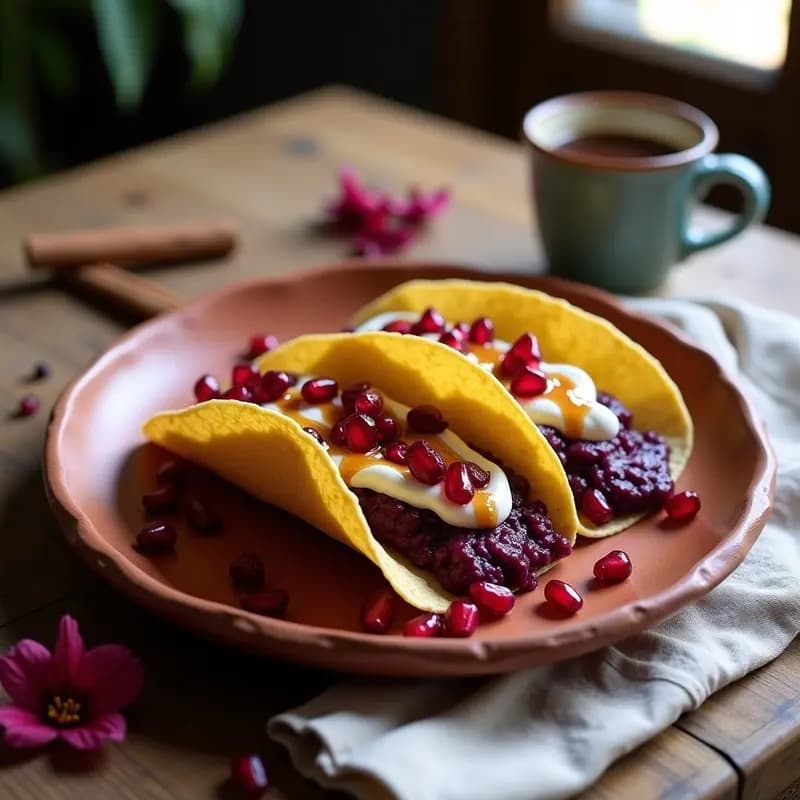 Tacos de maíz abiertos sobre un plato de barro, rellenos de una mezcla oscura de jamaica y café con leche vegano, decorados con semillas de granada rojas, crema de anacardos blanca y un hilo de miel de agave.
