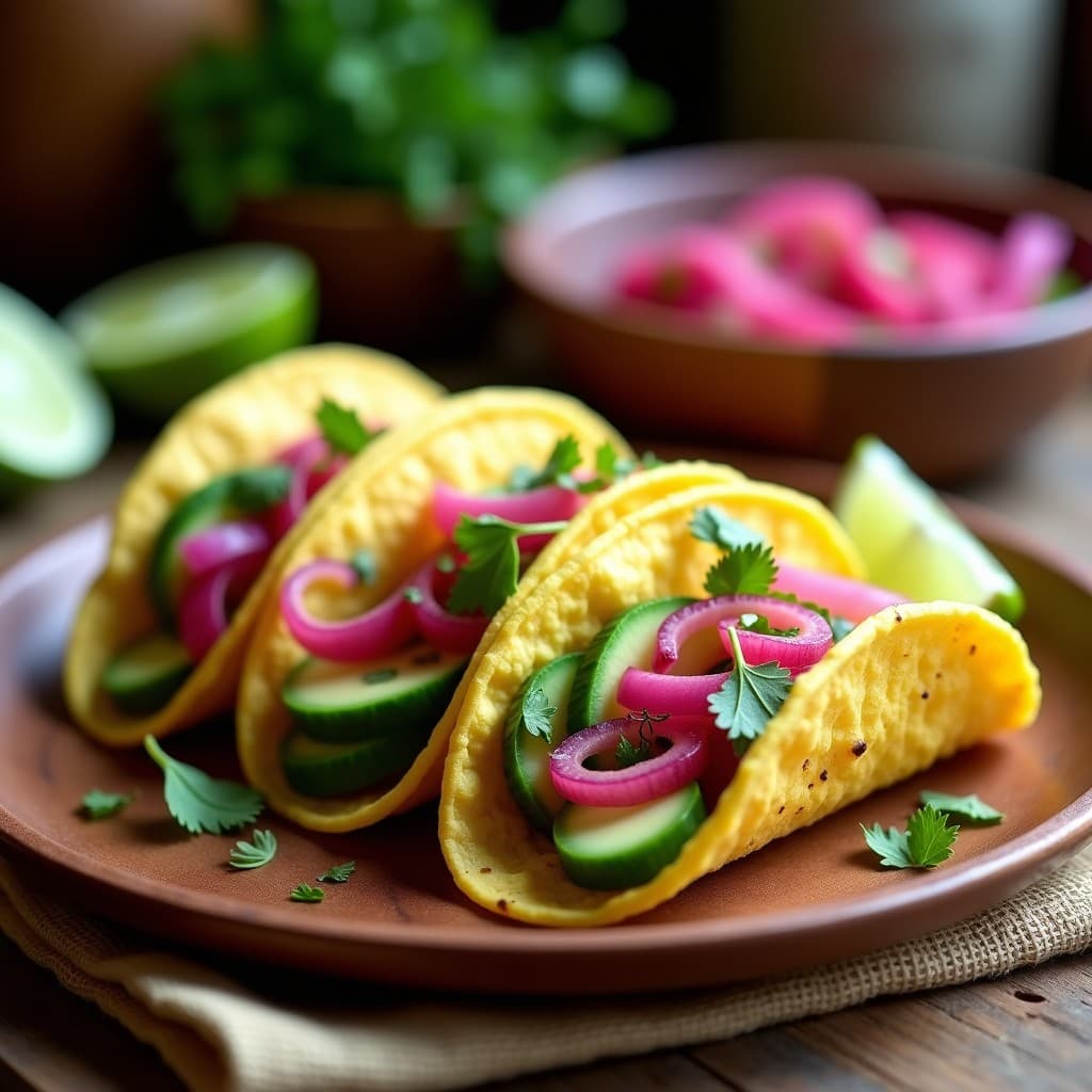 Plato de tacos de maíz rellenos de pepino encurtido, aguacate y cilantro, bañados con infusión de jamaica rosada, receta vegana mexicana alta en fibra.