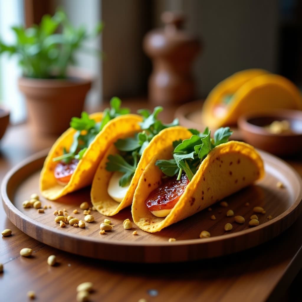 Tacos dorados en airfryer abiertos mostrando queso Kiri fundido, mermelada de higos brillante y crujiente de pistacho espolvoreado, acompañados de rúcula fresca sobre un plato de madera rústico.