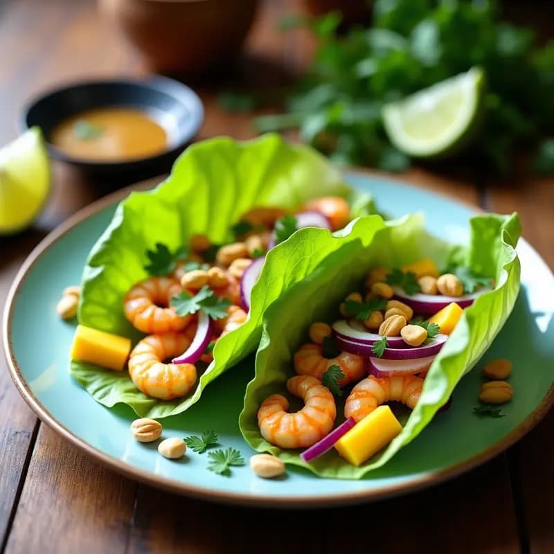 Tacos veganos de Konjac y mango verde servidos en hojas de lechuga romana, con cebolla morada, cilantro y cacahuetes tostados. Plato colorido y fresco con toque tailandés, bajo en calorías.