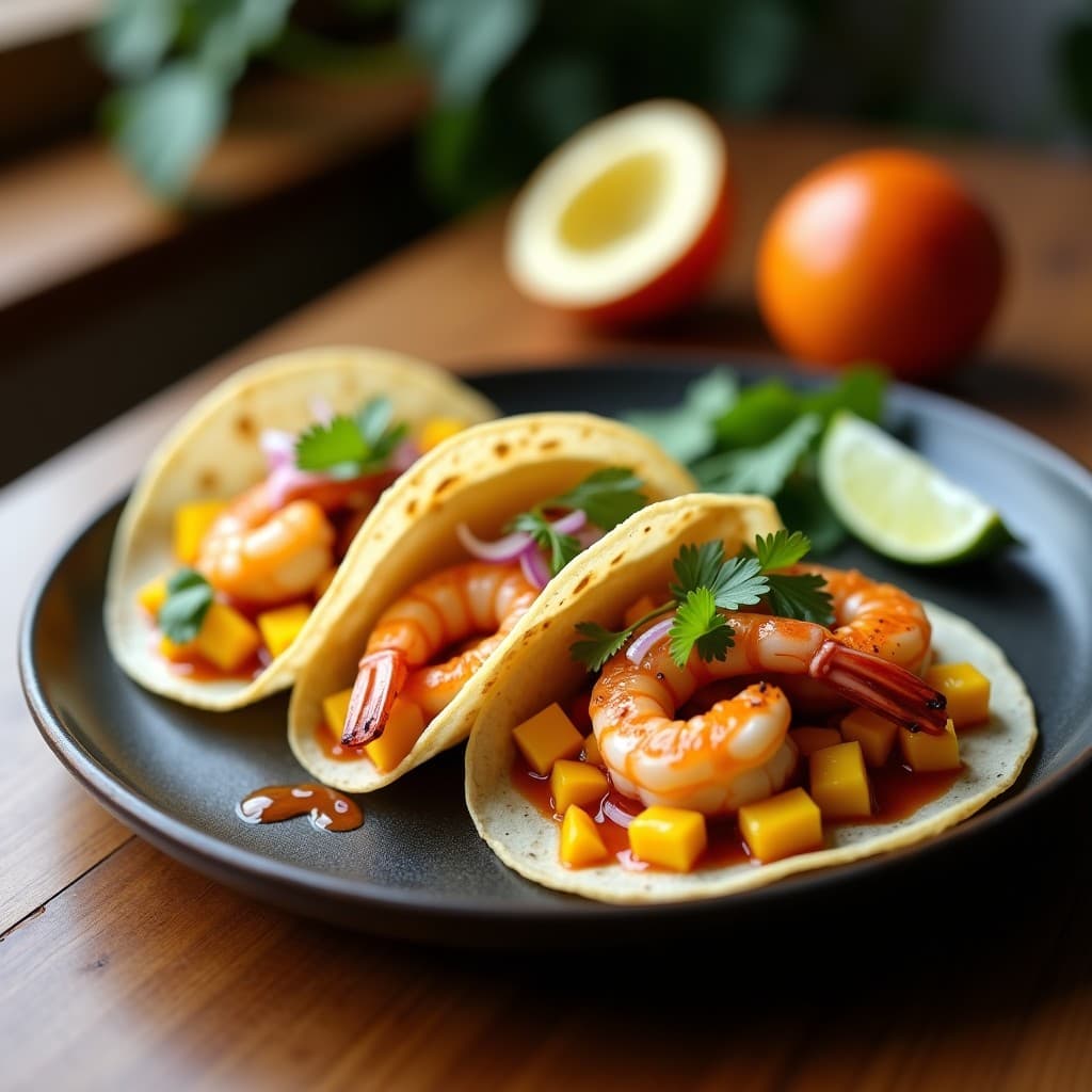 Tacos de konjac rellenos de camarones salteados con especias, bañados en salsa cremosa de chipotle y mango, decorados con cilantro fresco sobre un plato negro rústico. Receta keto y sin carbohidratos.