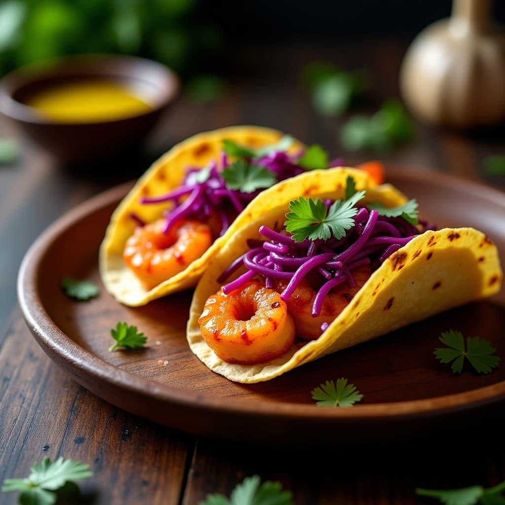 Tacos abiertos de maíz con langostinos al ajillo dorados en airfryer, repolillo morado encurtido en juliana, bañados en aceite de ajo y decorados con cilantro fresco sobre un plato de madera rústico.