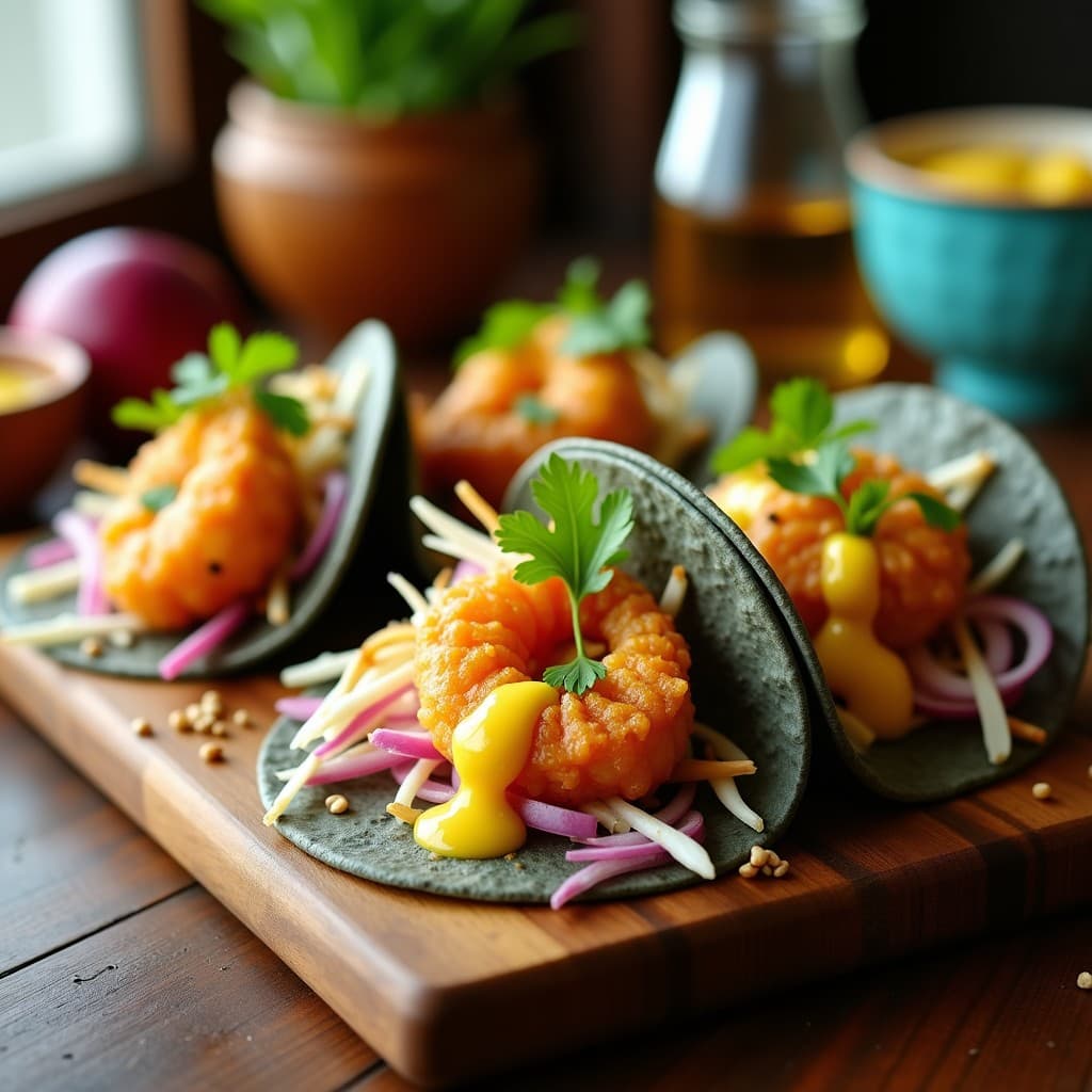 Plato de tacos de langostinos al mojo de ajo con salsa de maracuyá, tortillas de maíz azules rellenas de langostinos dorados, cebolla morada, repollo blanco y semillas de sésamo, acompañados de salsa de maracuyá brillante y cilantro fresco.