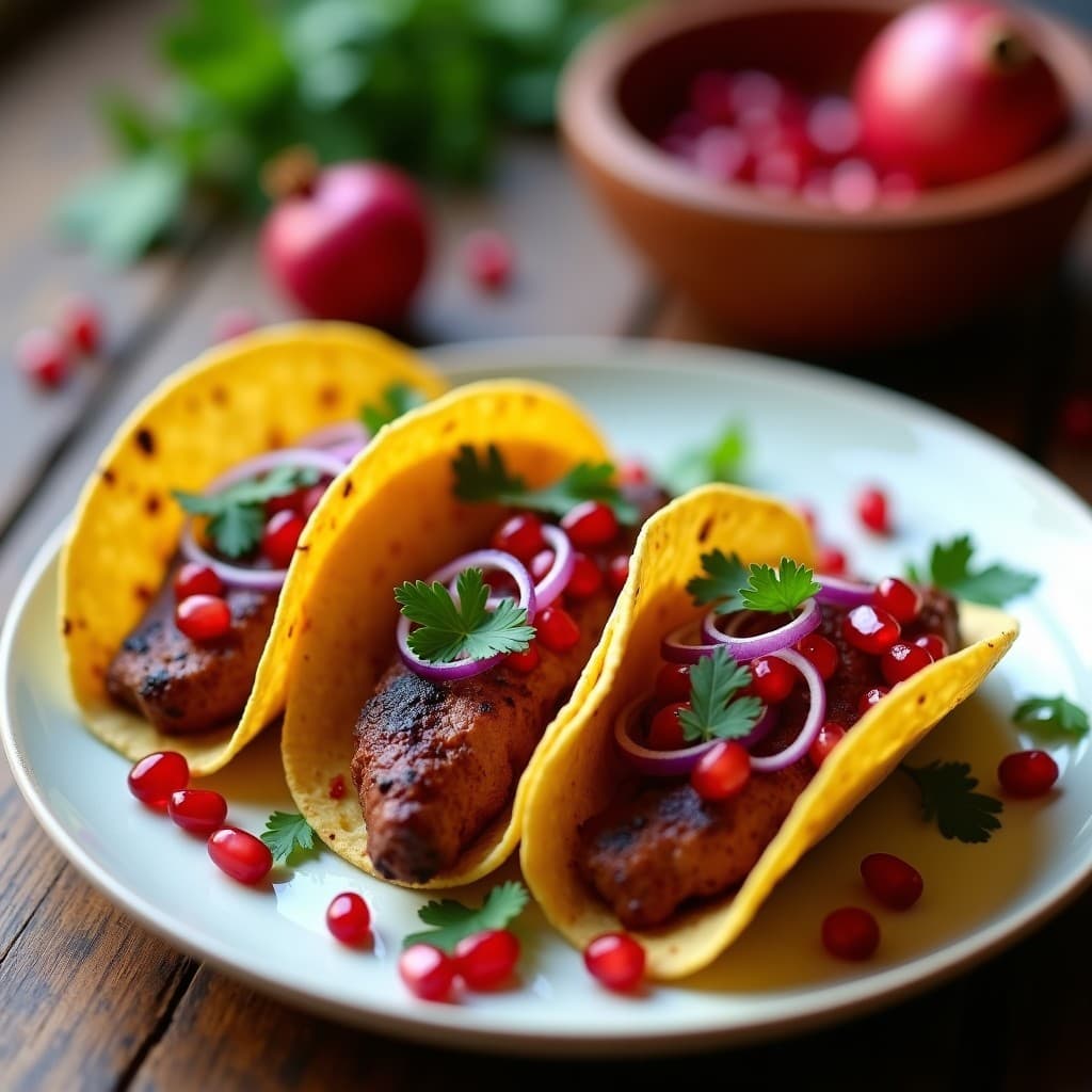 Tacos de Lehrer dorados en airfryer sobre tortillas de maíz, bañados en salsa de tamarindo y granada, con cebolla morada y cilantro fresco. Plato tradicional sefardí con colores vibrantes y texturas crujientes.