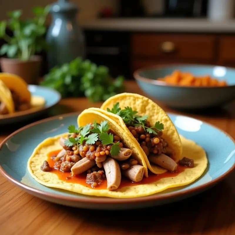 Plato de tacos de lengua de res al chipotle servidos en tortillas gruesas de maíz azul, acompañados de crema ácida, cilantro fresco y limón verde. La lengua está desmenuzada y jugosa, con un color dorado intenso del adobo de chipotle. Fondo rústico de madera con detalles de cocina tradicional mexicana.
