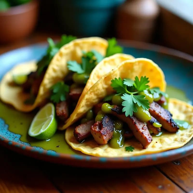 Plato de tacos de lengua de res en salsa verde sobre tortillas de maíz azules, decorados con cilantro fresco y gajos de limón, acompañados de salsa verde espesa. Receta mexicana auténtica y tradicional.