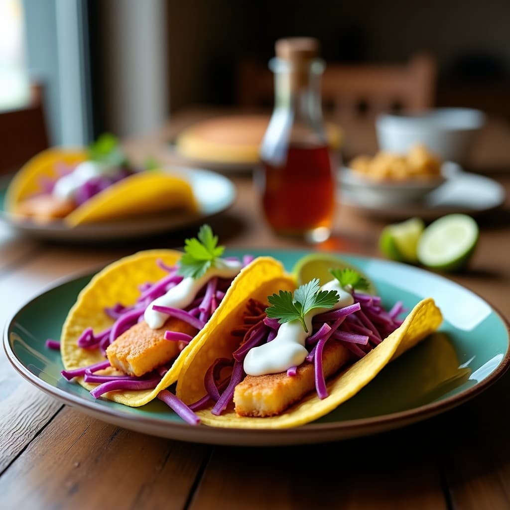 Tacos de lepre al ají panca y limón servidos en tortillas de maíz doradas, con repollo morado, cebolla roja y salsa de yogur, decorados con gajos de limón y cilantro fresco. Plato crujiente y colorido de la cocina peruana preparado en Airfryer.