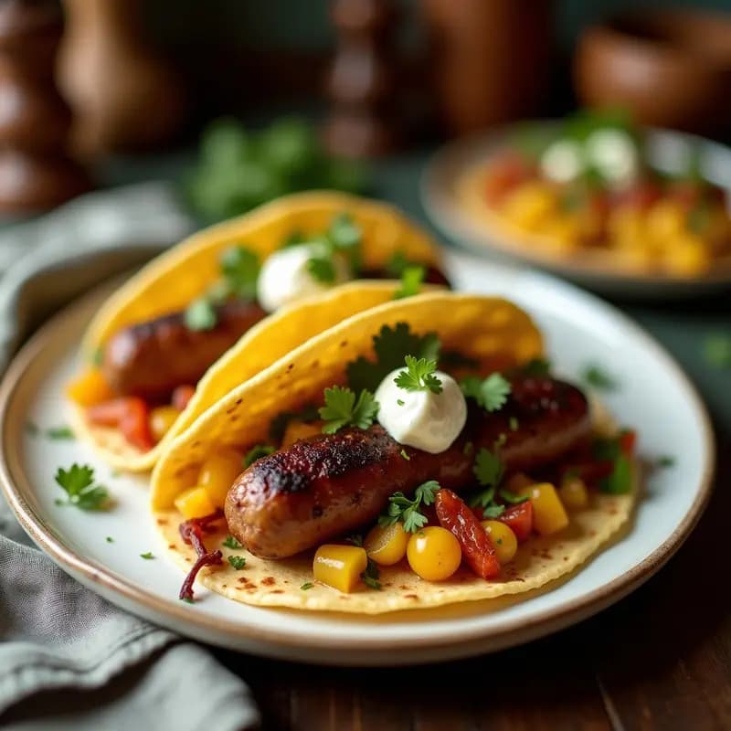 Tacos dorados y crujientes rellenos de linguiça vegetal desmenuzada y puré de mandioca cremoso, servidos en un plato de barro con cilantro fresco y gajos de limón. Receta brasileña vegana en Airfryer.